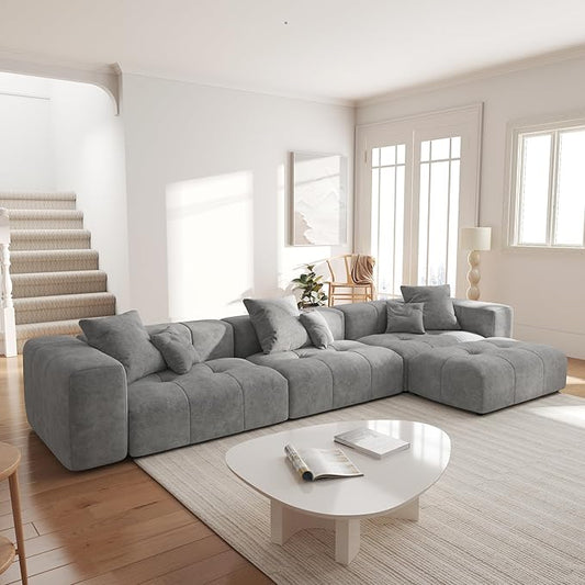 JACH 144.1 Inch L-Shaped Modular Sofas, Modern 3-Seater Couch with Chaise Ottoman, Mid Century Modern Sectional Couches, Cozy Sleeper Sofa for Apartment/Living Room (Linen Fabric, Grey)