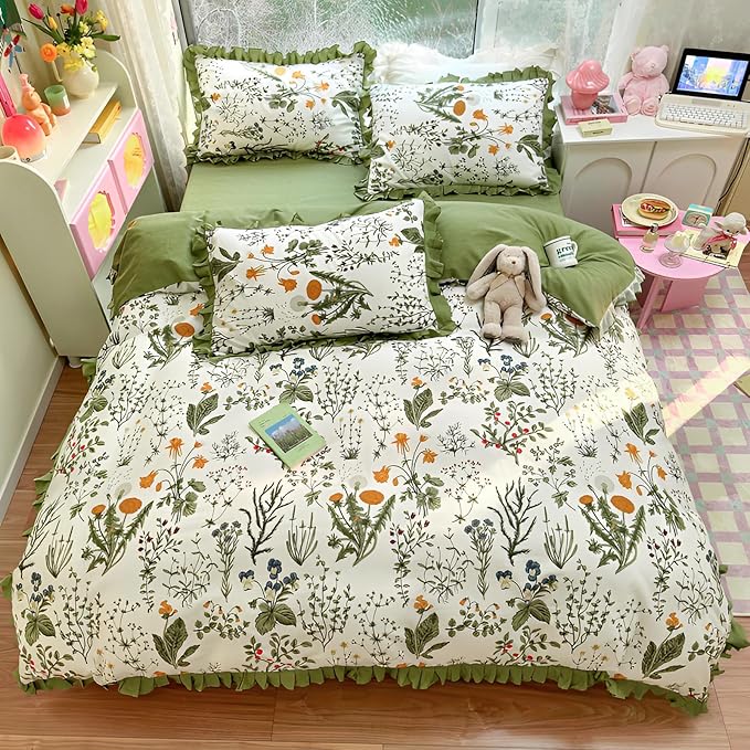 Vintage Green Floral Duvet Cover King 100% Cotton Ruffle Duvet Cover Aesthetic Flower Comforter Cover Green Ruffle Bedding Cottagecore Comforter Cover Boho Farmhouse Duvet Cover with Zipper Closure