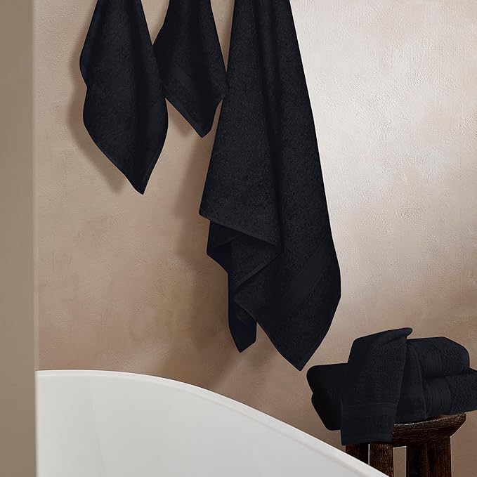 BOUTIQUO 6 Pack Cotton Towel Set, Contains 2 Bath Towels 27x54 inch, 2 Hand Towels 16x24 inch & 2 Wash Coths 12x12 inch, Ideal Everyday use, Ultra Soft Compact & Lightweight - Black