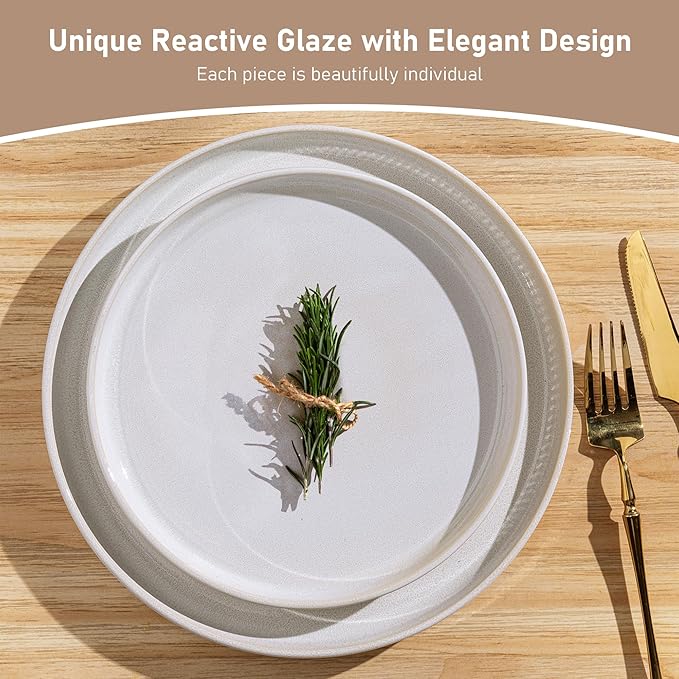 GBHOME Stoneware Dinnerware Sets for 8,Round Reactive Glaze Ceramic Plates and Bowls Set,Highly Scratch Resistant| Dishwasher & Microwave Safe Dishes Set,Service for 8(24Pcs),Sugar White