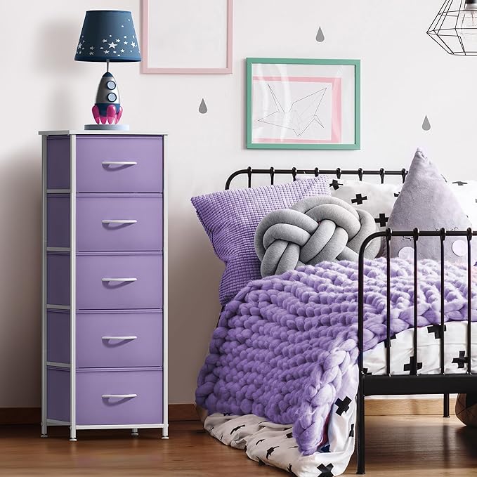 Sorbus Fabric Dresser for Kids Bedroom - Chest of 5 Drawers, Tall Storage Tower, Clothing Organizer, for Closet, for Playroom, for Nursery, Steel Frame, Fabric Bins - Wood Handle (Purple)