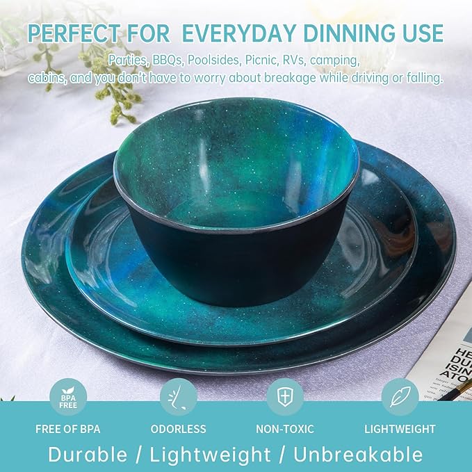 Melamine Dinnerware Sets for 4, 12pcs Plates and Bowls Sets for Daily Use, Dishwasher Safe, BPA-free, Teal Green