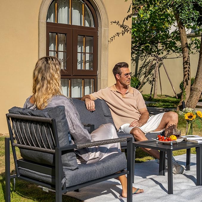 Metal Patio Furniture Set, 5-Piece Modern Patio Set with Sofa and Coffee Tables, Outdoor Furniture Set for Garden, Backyard, Balcony, Poolside (Dark Grey)
