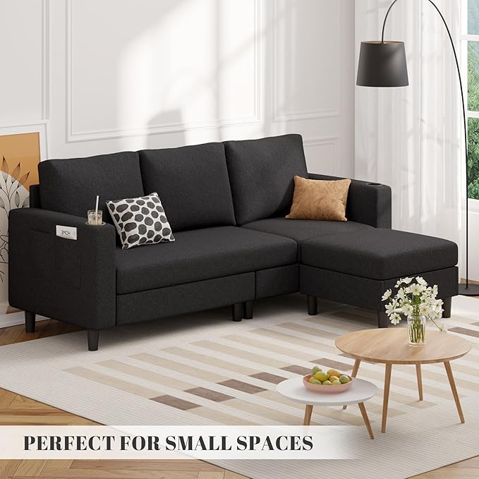 Upholstered Sectional Sofa and Couches, 78'' L Shaped 3-seat Sofa forLiving Room, Apartment, Lounge,Bedroom-Washable Covers Convertible Sofas(Linen Fabric,Black)