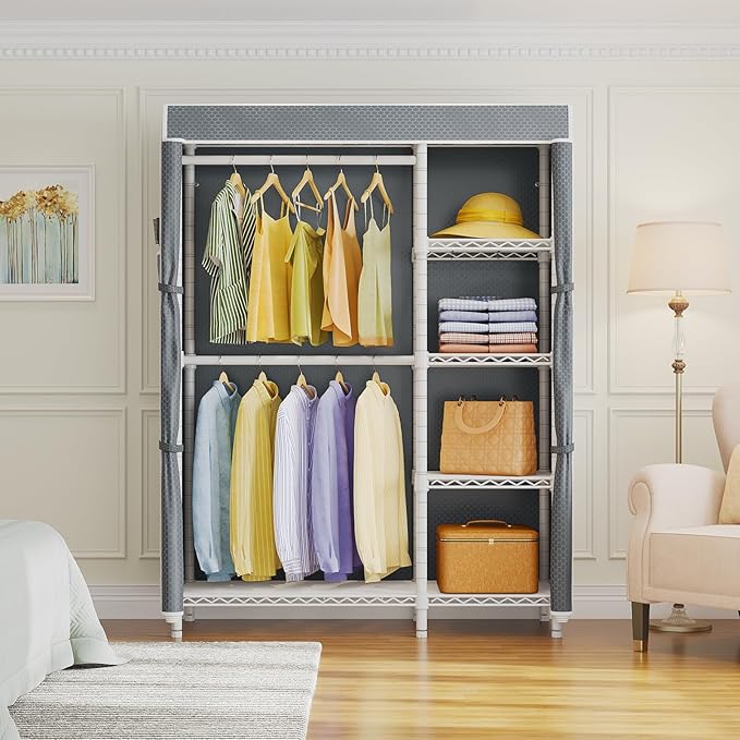 VIPEK V7C Garment Racks with Cover Portable Closets for Hanging Clothes, Heavy Duty Clothes Rack with Shelves Metal Closet Wardrobe, Max 670lbs, White Rack with Grey Upgraded Polyester Cover