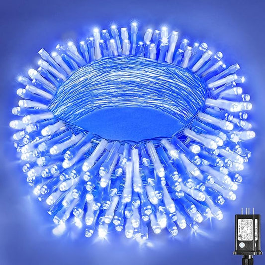 Vivideal 300 LED Christmas Lights Outdoor, 100ft Christmas String Lights 8 Modes Plug in Waterproof Fairy Lights with Timer Memory for Indoor Outside Bedroom Home Party Decoration, Blue&White