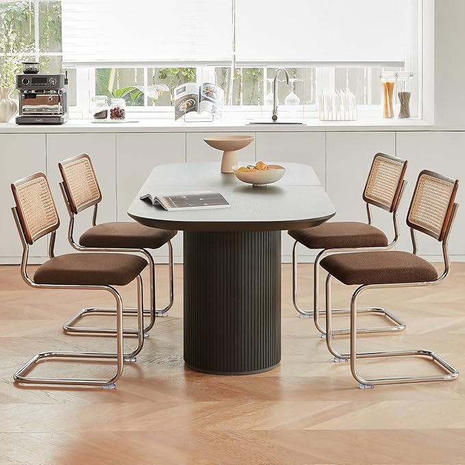 Brown Rattan Dining Chairs Set of 4,Wooden Mid-Century Modern Kitchen Chairs, Mesh Back Cane Dining Room Chairs, Cesca Chair with Metal Chrome Legs