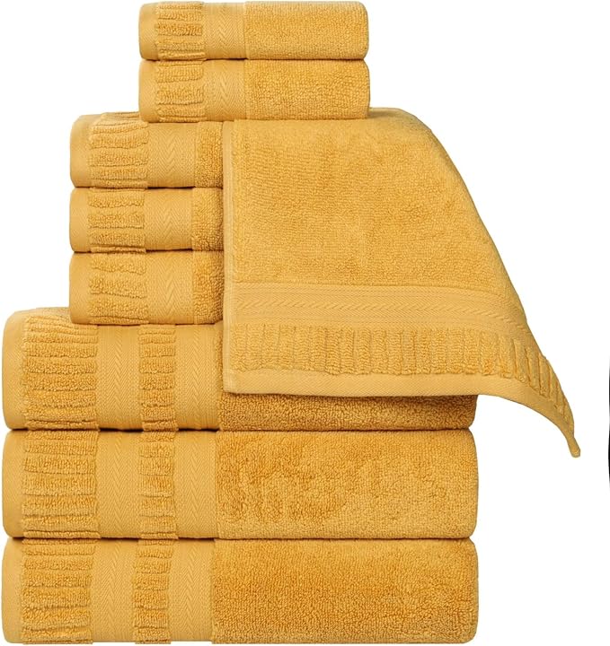 Superior Venice Zero Twist Cotton Medium Weight Towels, for Guest Bath, Bathroom, Shower, Spa, Plush Towels, Bath Essentials, Ribbed Textured Border, 9 Piece Assorted Towel Set, Gold