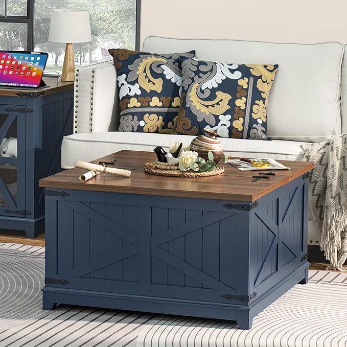 Farmhouse Coffee Table Sets 3 Pieces, Narrow Night Stand with Glass Barn Door Storage, Large Coffee Tables with Hidden Storage Organizer, Wood Furniture Sets for Living Room, Office, Blue