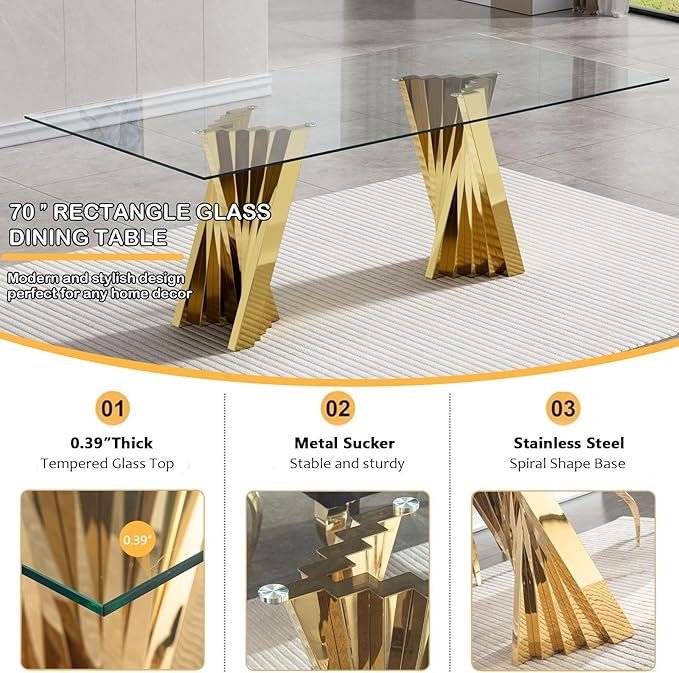 7 Piece Dining Table Set with 6 Beige Dining Chairs, Modern Glass Kitchen Table and Chairs Set for 6, 70" Rectangle Gold Glass Pedestal Dining Room Tables with Flash-Shape Stainless Steel Base