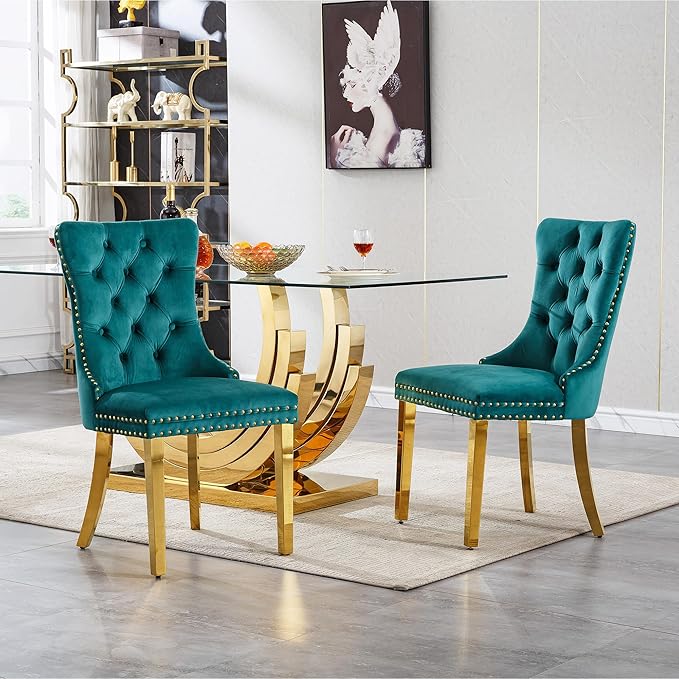 7 Piece Dining Table Set with 6 Green Dining Chairs, Modern Glass Kitchen Table and Chairs Set for 6, 70" Rectangle Gold Glass Pedestal Dining Room Tables with Ring-Shape Stainless Steel Base