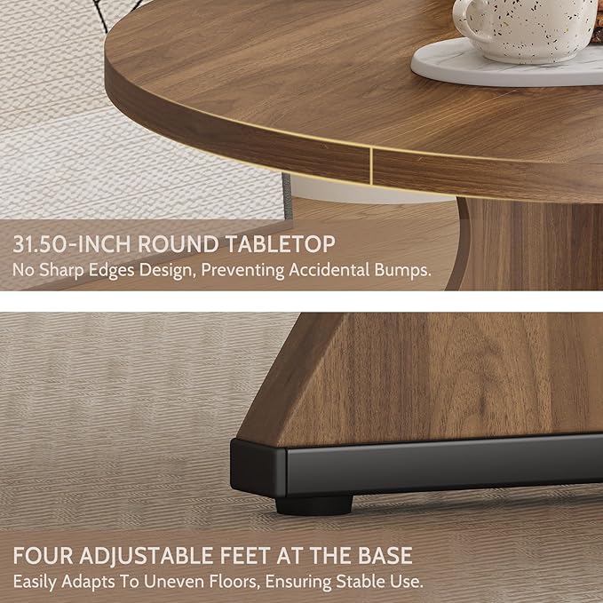 31.5 Inch Small Round Dining Table for 2, Modern Farmhouse Wood Kitchen Table, Rustic Walnut Circle Dining Room Table with Pedestal Base for Kitchen and Dining Room Furniture