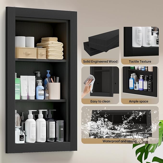 Recessed Medicine Cabinet,14x24 Recessed Wall Niche Medicine Cabinet Replacement, Water-Proof Wood Wall Niche for Bathroom/Hallway, Black