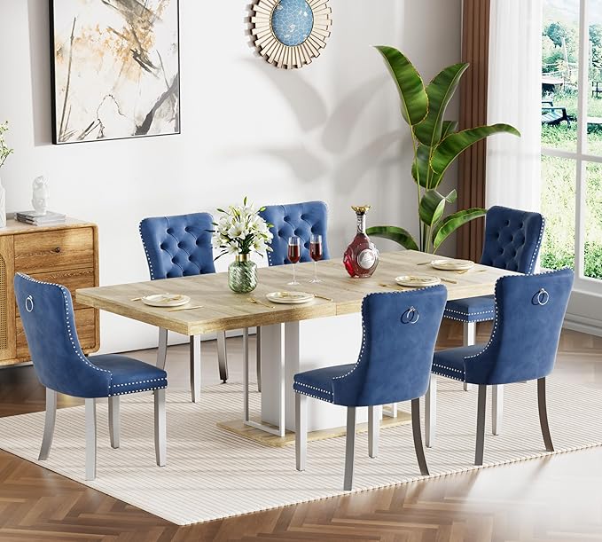 Goujxcy 78.7" Farmhouse Extendable Dining Room Table Set for 6, 7-Piece Rectangle Kitchen Dining Room Table Set with Wood Base and 6 Blue Velvet Dining Chairs, Extending Kitchen & Dining Table Set