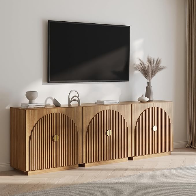 BELLEZE Set of 3 Modular Fluted Sideboard Buffet Cabinet with Storage, Mid-Century Modern Console Table with Symmetrical Arched Doors, Credenza for Dining Room, Kitchen and Living Room, Caramel Brown
