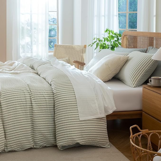 Queen Size Comforter Set Striped Soft Luxury Washed Microfiber Jacquard 3 Pieces Bedding, Grayish Green Vertical Ticking Stripes Pattern Comforter with 2 Pillowcases Breathable Durable Comfy