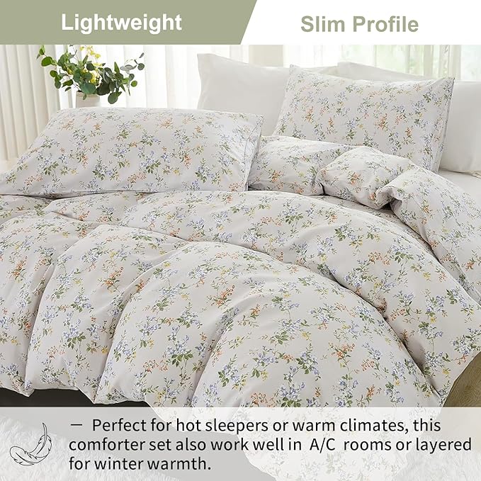 EAVD Vintage Style Garden Floral Comforter Set Queen Soft Microfiber Chic Shabby Green Leaves Colorful Floral Bedding Set with 2 Pillowcases Fresh Botanical Comforter Set for All-Season