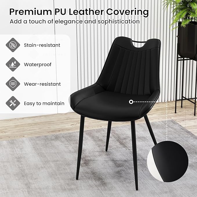 Giantex Dining Chairs Set of 4, PU Leather Upholstered Kitchen Dining Room Chairs w/Handle, Metal Legs, Curved Back, Modern Armless Accent Side Chair for Living Room, Restaurant (PU Black)