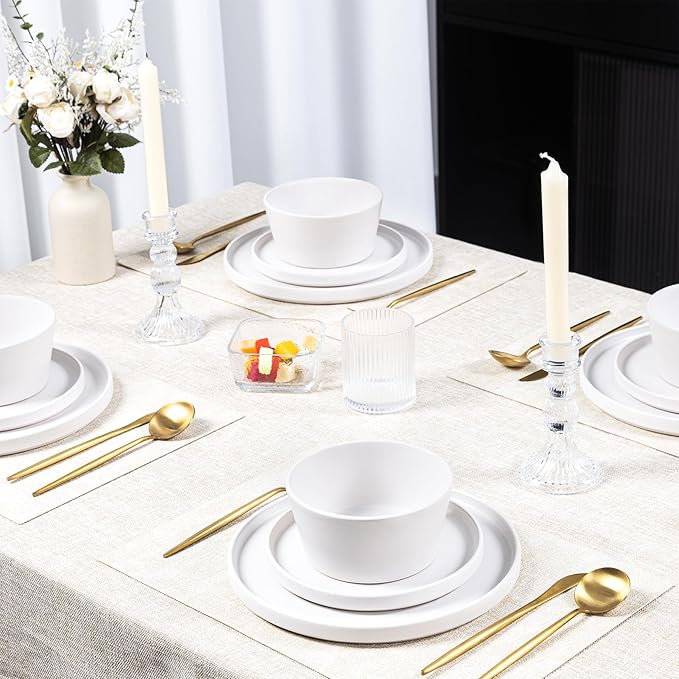 Dinnerware Sets for 4 - CJDC-QUELO 12-Piece Stoneware Plates and Bowls Sets, Ceramic Dishware Sets for Kitchen Use and Formal Dining, Chip and Scratch Resistant Microwave Dishwasher Safe, White