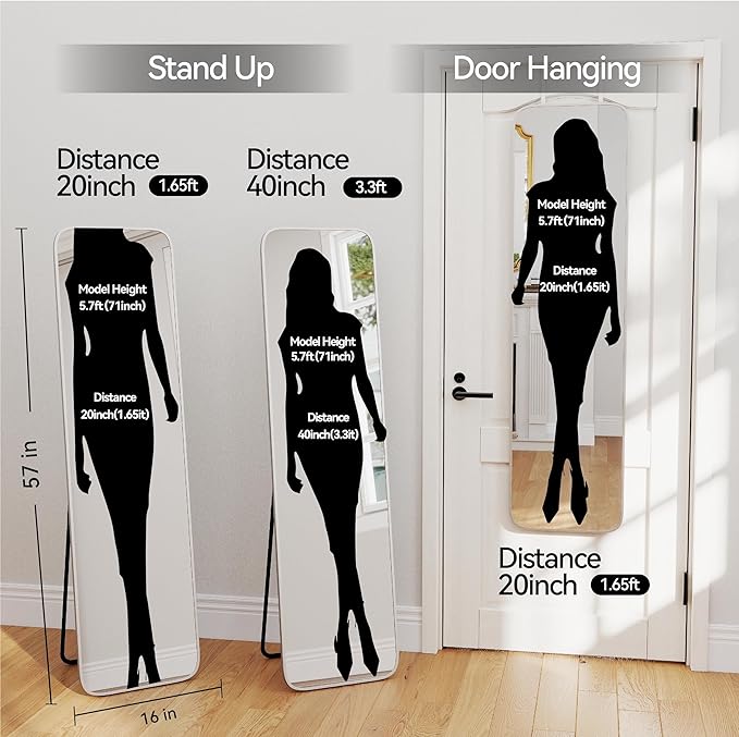 57x16 Door Hanging Full Length Mirror, Floor Stand (Height 5.7ft just Body in1.3ft) Wall Mounted Metal Frame Rectangle Dressing Mirrors for Bedroom Bathroom Room 57 inch Silver