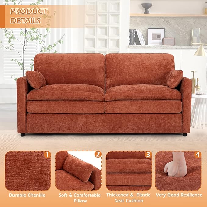 3 Pieces Chenille Sofa Set w/Arm Pillows, Upholstered Loveseat & 2 Pieces 3 Seater Sofa w/Comfortable Back Cushions, Modern 2-Seat & 3-Seat w/High-Density Foam for Living Room, Orange