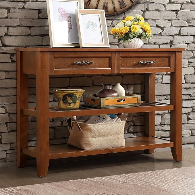 KEIKI 42”L Pine Solid Wood Entryway Console Table with 2 Storage Drawers, Mid-Century Retro Behind Couch Sofa Table with 2 Tiers Open Shelf for Hallway, Entrance, Entry Way, Living Room, Foyer