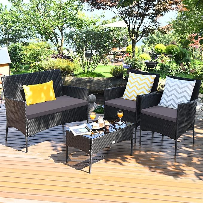 Tangkula 4 Pieces Patio Rattan Conversation Set, Outdoor Wicker Furniture Set with Tempered Glass Coffee Table &Thick Cushion, Rattan Chair Wicker Set for Garden, Lawn, Poolside and Backyard