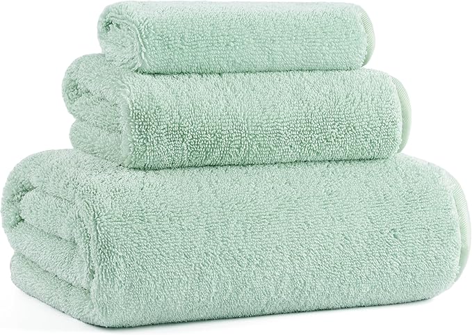Ring Spun Terry Microfiber Bath Towel Set, 3 Piece, Oversize, Quick Dry, Lint Free, Includes Bath, face, and Hand Towels (Green)