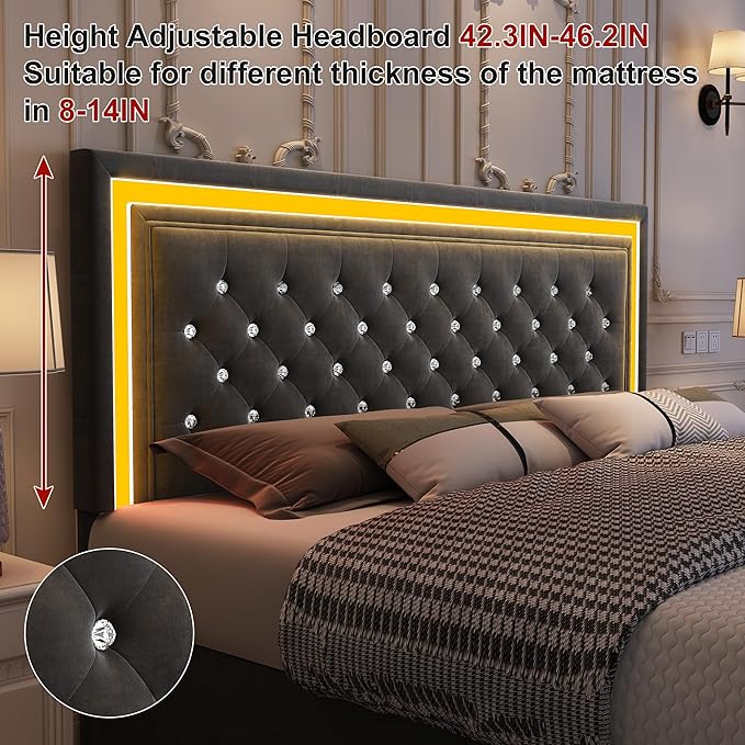 King Bed Frame with LED Lights, Storage Drawers, No Box Spring Needed, 900 lbs Capacity, Easy Assembly, Velvet Grey