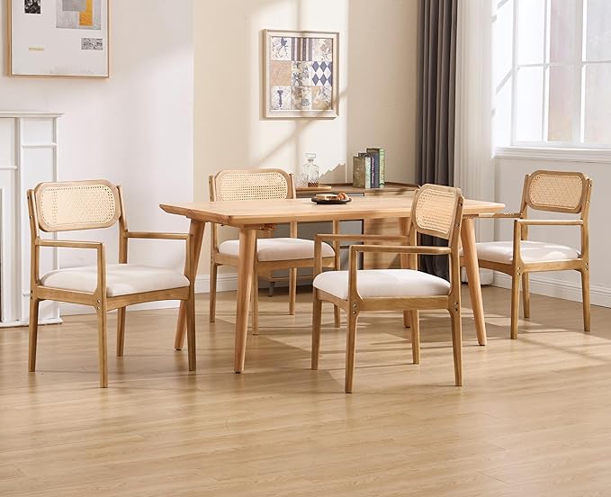 EALSON Rattan Dining Chairs with Arms Set of 6 Mid Century Dining Room Chairs with Wood Legs Linen Upholstered Kitchen Chairs Farmhouse Cane Back Arm Chairs for Living Room, Beige, Light Natural