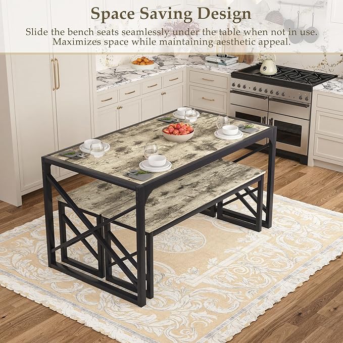VECELO Kitchen Dining Table Benches Set for 4, 55" Wooden Dinette with 2 Benches, Heavy-Duty Dining Room Table for Small Space, Breakfast Nook, Grey
