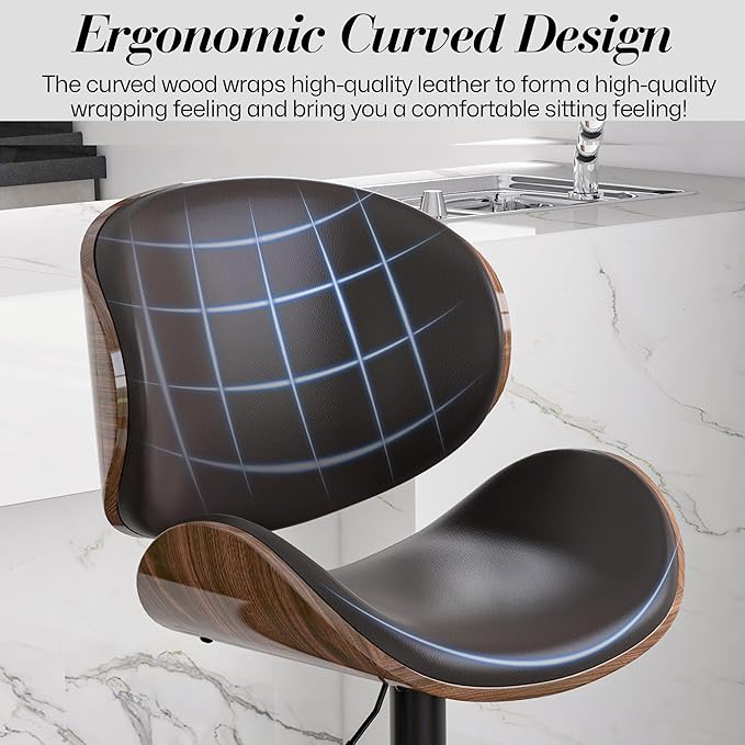 Adjustable Swivel Bar Stools Set of 4, Modern Bentwood Barstool with Large Metal Base and Footrest, PU Leather Upholstered Bar Chair with Curved Back for Kitchen Island Dining Room, Brown