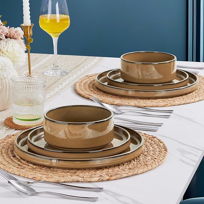 LIANYU Dinnerware Plates and Bowls Sets for 4, 12 Piece Modern Stoneware Dishes Set, Elegant Ceramic Dining Dishware for Dinner, Rustic Terracotta Bottom, Microwave & Dishwasher Safe, Amber Gold