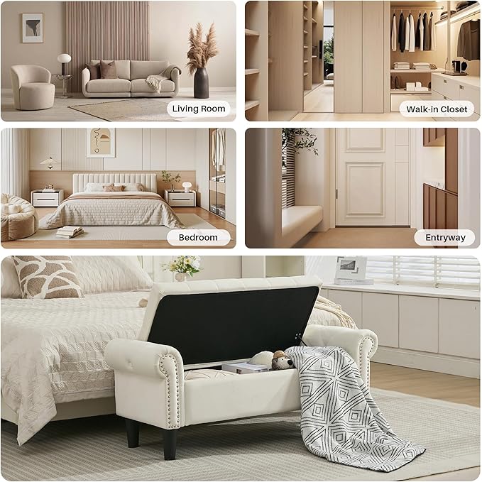 Storage Bench, 50" Queen End of Bed Bench, Velvet Tufted Button Upholstered Bedroom Bench, Storage Ottoman with Rolled Arms, Window Bench with Storage, for Living Room, Entryway Beige