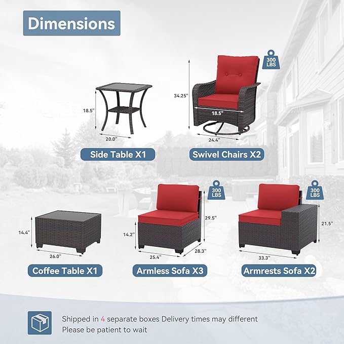 Kurapika 9 Pieces Patio Furniture Set, Rattan Wicker Sofa Set, Outdoor Conversation Sets w/Swivel Rocking Chairs Patio Sectional Sofa w/4 Inch Cushion, Red