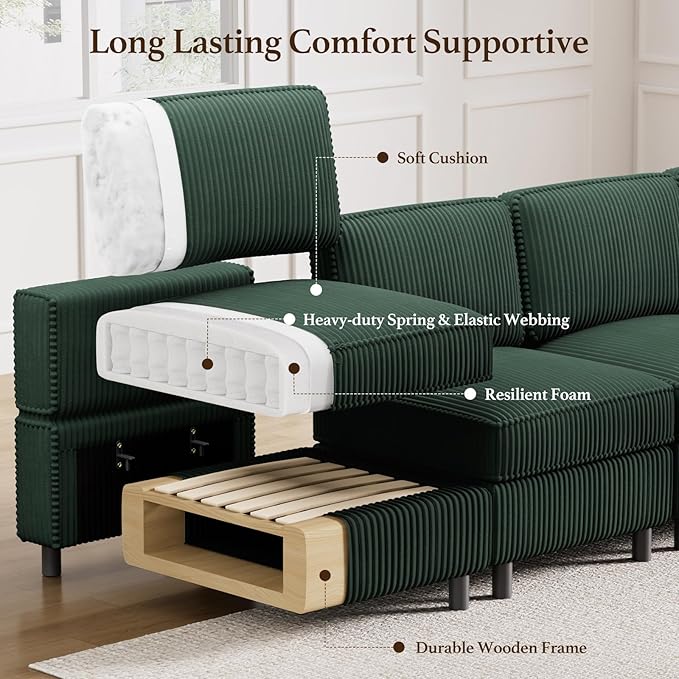 88.6" 9 Seat Modular Sectional Sofa with Deep Storage Seat,Corduroy Comfy Sectional Couch Convertible Modular Sleeper Sofa Couch with Movable Ottoman,Upholstered Couches for Living Room,Green