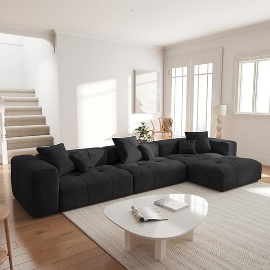 JACH 144.1 Inch L-Shaped Modular Sofas, Modern 3-Seater Couch with Chaise Ottoman, Mid Century Modern Sectional Couches, Cozy Sleeper Sofa for Apartment/Living Room (Linen Fabric, Black)