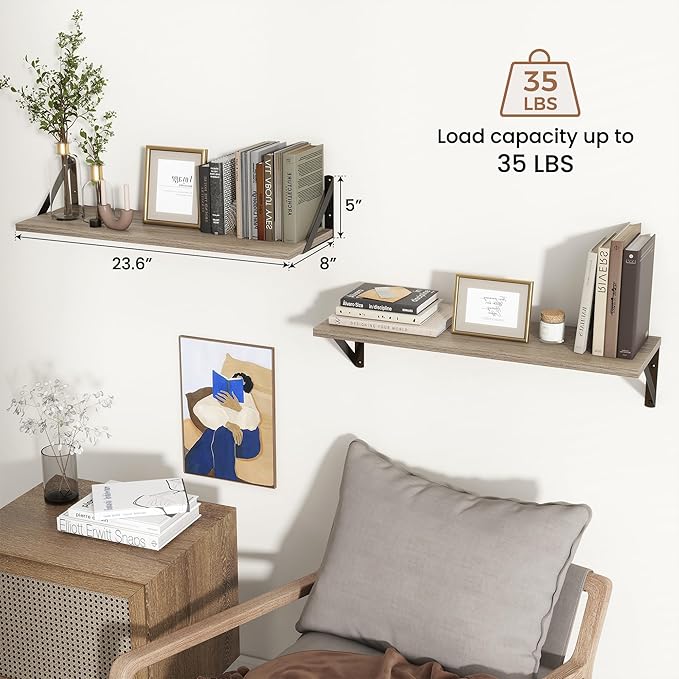 Axeman Floating Shelves for Wall 24 Inch | 24W x 8D Rustic Grey Floating Shelves Set of 2 | 8 Inch Deep Wall Shelves for Bathroom Kitchen Living Room | Bookshelf Display Shelves