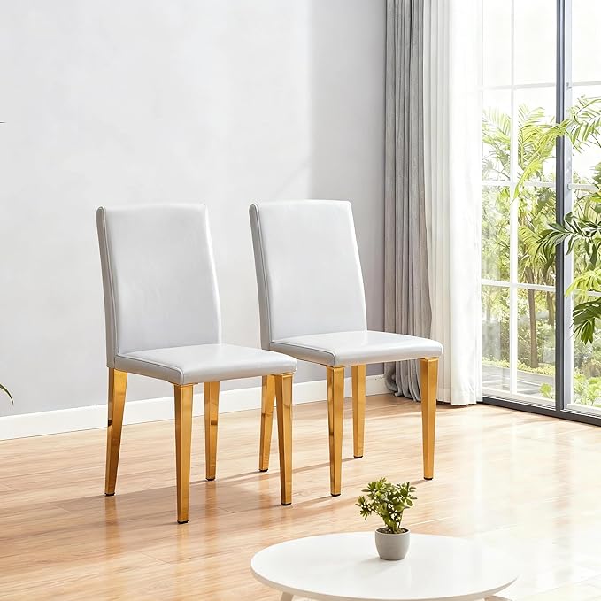 Modern Dining Chairs Set of 2, Light Gray PU Leather with Gold Metal Legs, High Back Kitchen Chairs, 35.4 Inch Height, Contemporary Minimalist Design