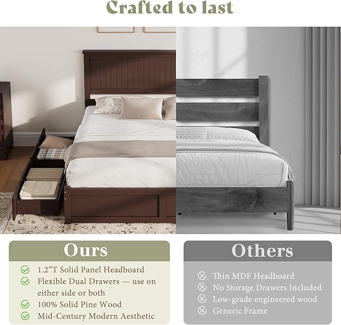 AMERLIFE Full Size Solid Wood Bed Frame with 50" Tall Headboard, Mid-Century Modern Bed with Storage, Wooden Platform Bed with 2 Drawers, No Box Spring Needed, Espresso
