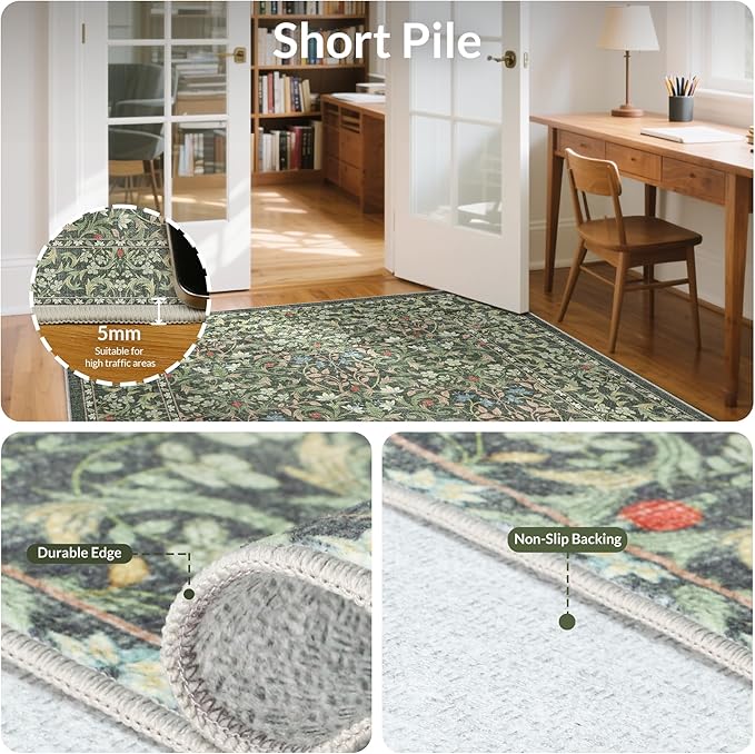 GENIMO Floral Washable Runner Rug 2’6”x12’, Non-Slip Long Hallway Carpet for Entryway, Kitchen, Indoor Floor Use, Vintage Boho Soft Thin Rug Décor, Emerald Green
