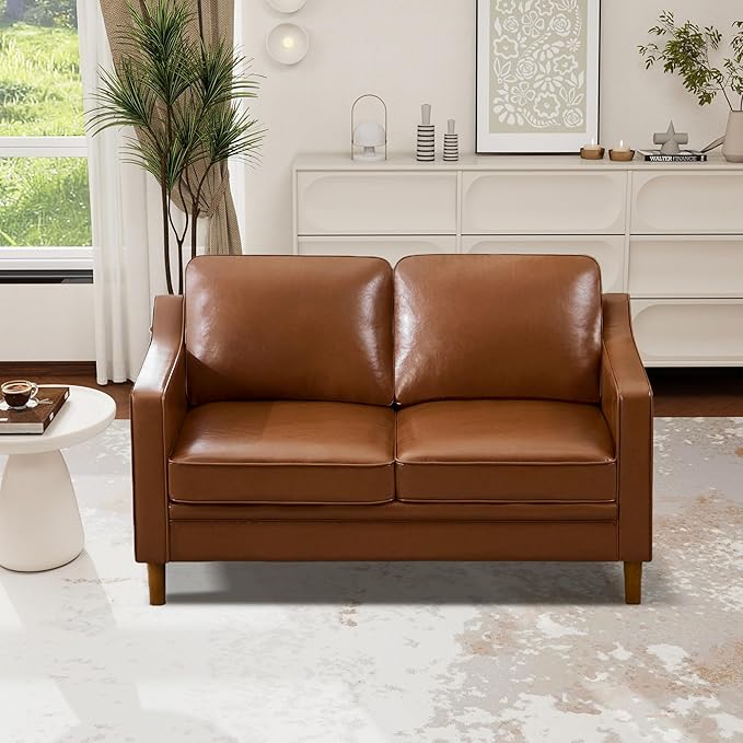 Kingfun 56" Faux Leather Sofa, Loveseat Couch, Mid Century Modern Love Seat Couches with Solid Wood Frame for Living Room & Bedroom, Dark Brown