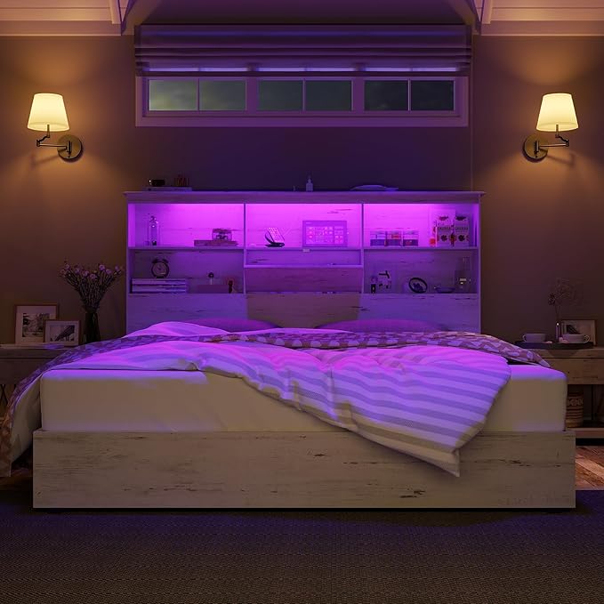 AMERLIFE Farmhouse King Size Bed Frame with 51.2" LED Storage Bookcase Headboard, Solid Wooden Platform Bed with 4 Drawers & Charging Station, Distressed White, No Box Spring Needed, Noise-Free