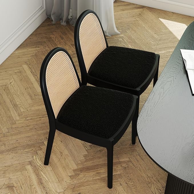 LukeAlon Modern Sherpa Dining Chairs Set of 4, Natural Woven Rattan Cane Back Side Chairs with Solid Wood Legs Mid Century Dinner Chairs for Kitchen Living Room, Black