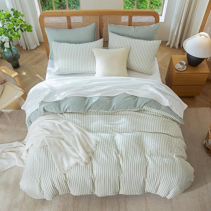 King Size Comforter Set Striped Soft Luxury Washed Microfiber Jacquard 3 Pieces Bedding, Grayish Green Vertical Ticking Stripes Pattern Comforter with 2 Pillowcases Breathable Durable Comfy