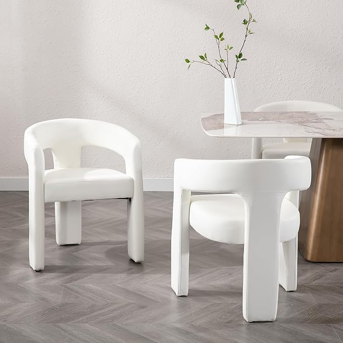 Set of 4 Modern Barrel Dining Chairs, White PU Leather Upholstered Accent Side Chair with Arms Comfy Makeup Vanity Chairs, Dining Living Room Kitchen Chairs