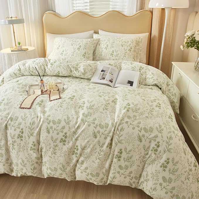 Vintage Boho Floral Duvet Cover Twin White Green Floral Print Bedding Set Cotton Botanical Floral Comforter Cover Garden Flowers Aesthetic Bedding Cover Boho Style Twin Duvet Cover with Zipper Closure