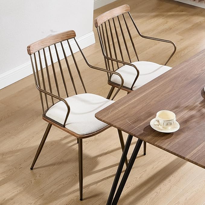 Modern Dining Chairs Set of 2, Upholstered Dining Chairs with Metal Leg, Wood Kitchen Chairs with Fence-Like Back and Curved Arm for Dining Room Kitchen Restaurant Reception (Beige)