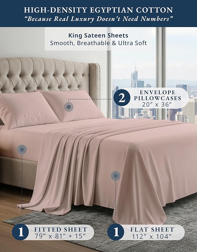 100% Egyptian Cotton King Bed Sheets – Silky Sateen Weave for All Season Comfort, 15" Deep Pocket King Sheets Set, OEKO-TEX Certified, Machine Washable, Soft Durable Hotel Comfort at Home - Sepia Rose