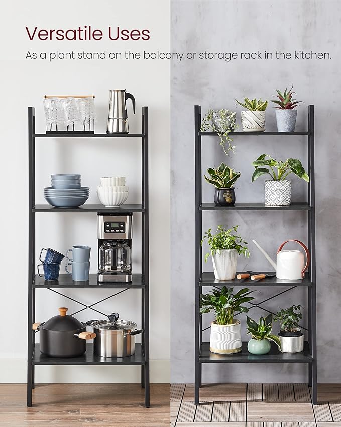 VASAGLE Ladder Shelf, 4-Tier Bookshelf, Storage Rack, Bookcase with Steel Frame, for Living Room, Home Office, Kitchen, Bedroom, Industrial Style, Charcoal Gray and Ink Black ULLS044B04